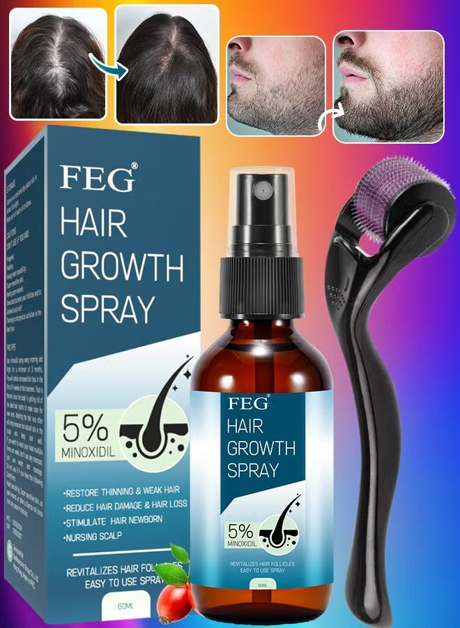 60ml Hair Growth Spray & Beard Roller – 5% Minoxidil Serum for Hair & Beard Growth, Hair Loss Treatment